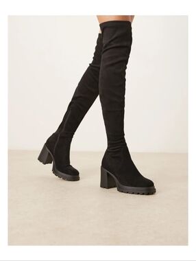 Black Over-the-Knee Chunky Lug Heel Boots
